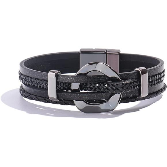 Circle Rhinestone Leather Wrap Bracelet Boho Gift for Women - Picture 7 of 7